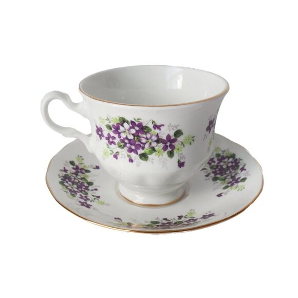 Teacup and Saucer Vintage Queen Anne Tea Cup Saucer Fine Bone China England Purp - Picture 2 of 6